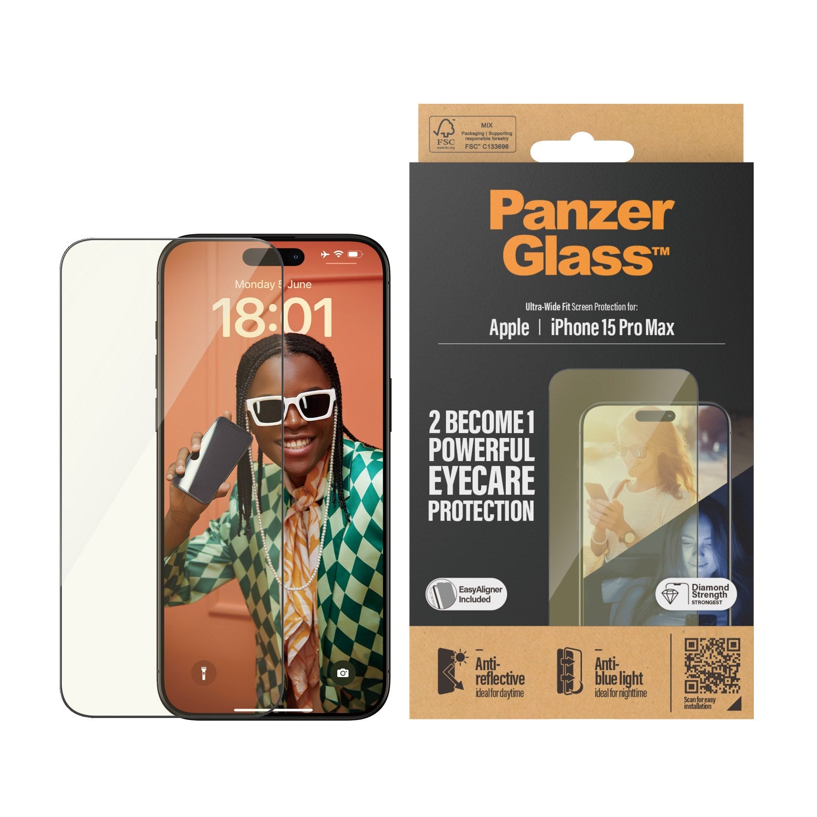 PanzerGlass® Eyecare Screen Protection iPhone 15 Pro Max | Ultra-Wide Fit w. EasyAligner